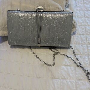 Silver Glitter Evening Clutch with Chain Strap
